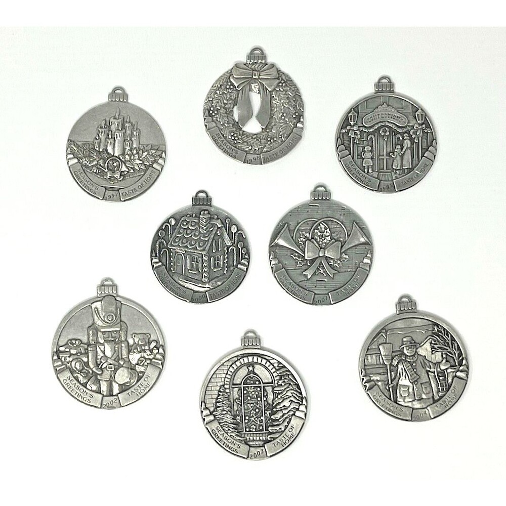 Lot of 8 Taste Of Home Seasons Greetings Pewter Holiday Ornaments 1997-2004